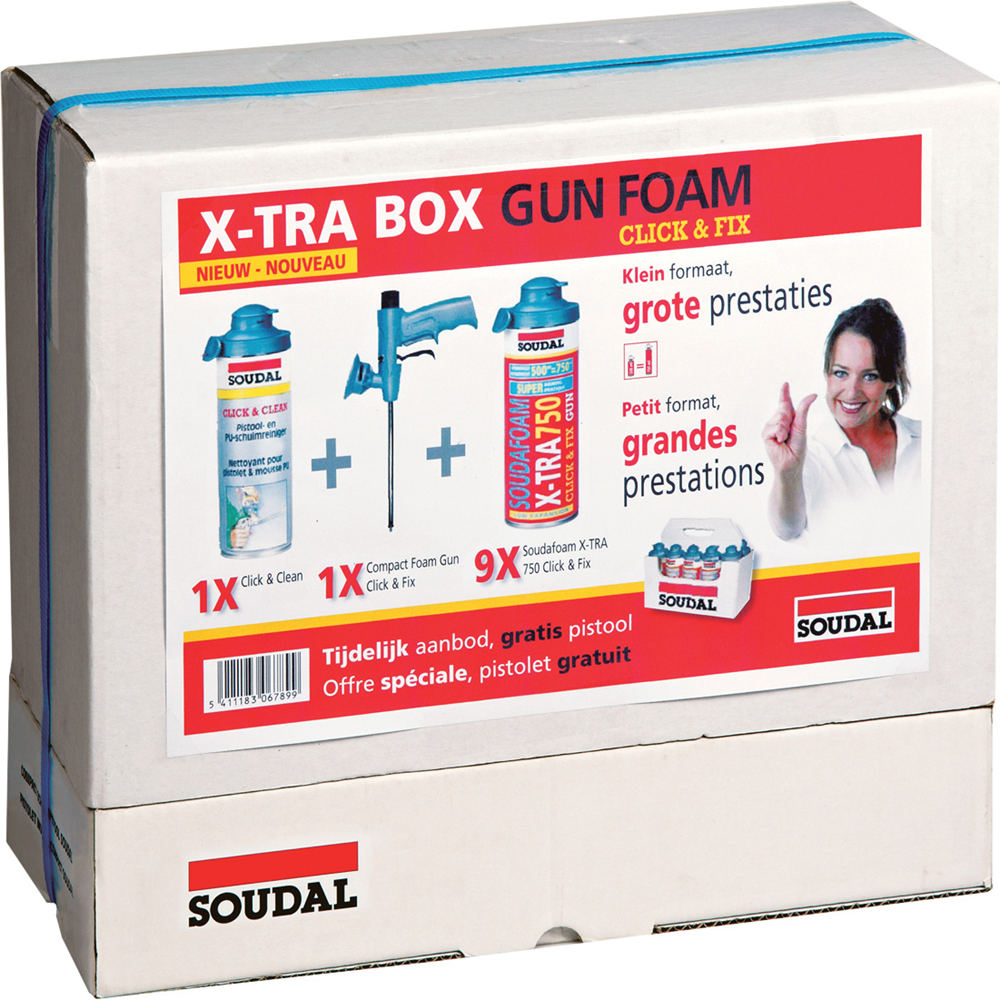 FIX BOX: SOUDAFOAM X-TRA + CLEANER + GUN CLICK&FIX SOUDAL