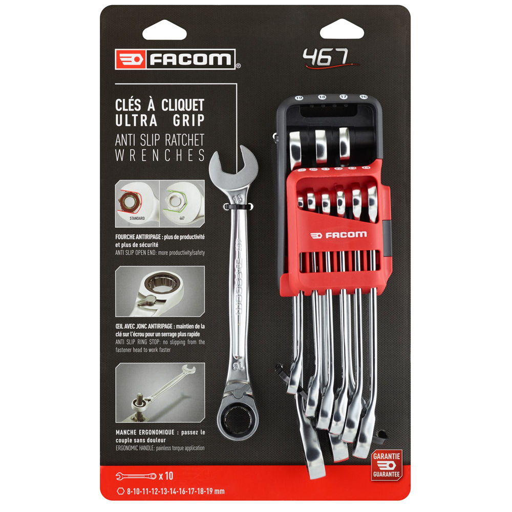 SET 10 ANTI-SLIP STEEKRINGRATELSLEUTELS IN HOUDER REF:467B.JP10PB FACOM
