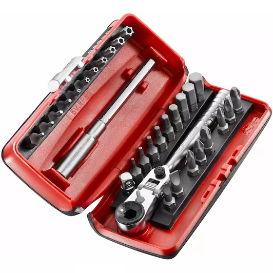 SET VASTZETTEN 1/4'' MET RATEL MET 180° FLEXIBELE KOP, 31• DELIG REF:R.180J31PB FACOM
