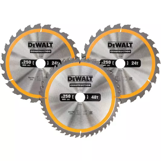 CONSTRUCTION CIRKELZAAGBLADENSET 250MM 3-DELIG (2X 24T 1X 48T) REF:DT1963-QZ DEWALT