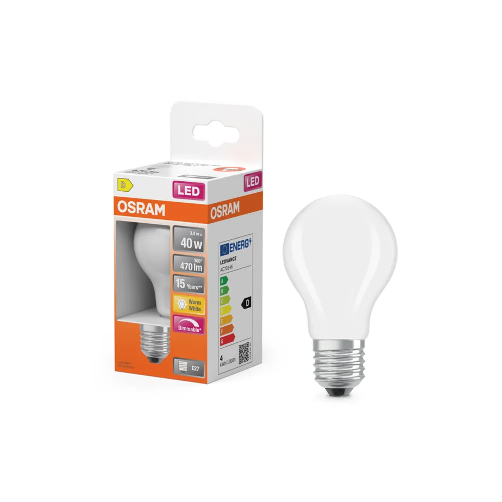 LED CLA E27 470LM 3.4W WW MAT DIM REF:590446497 OSRAM