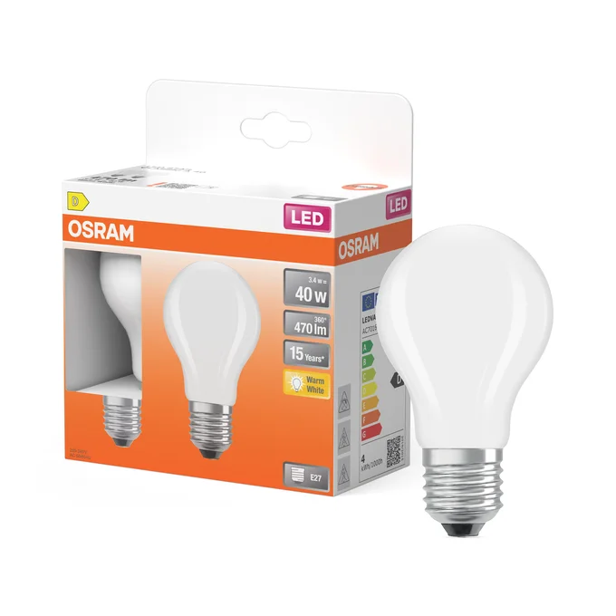 LED CLA E27 470LM 3.4W WW MAT 2STUKS REF:590446835 OSRAM