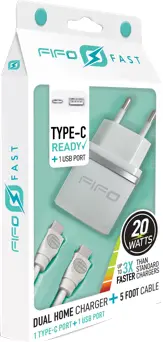 DUBBELE USB-THUISLADER MET TYPE‑C + KABEL, 3X SNELLER (47179) REF:094033 FIFO 