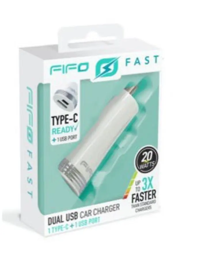 ULTRASNELLE DUBBELE AUTOLADER TYPE‑C + USB (ZONDER KABEL) REF:094039 FIFO 