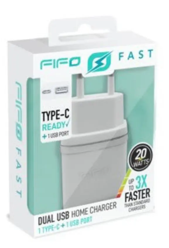 ULTRASNELLE DUBBELE THUISLADER TYPE‑C + USB (ZONDER KABEL) REF:094038 FIFO 