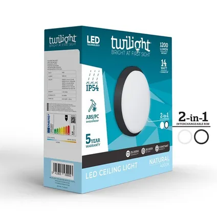 TWILIGHT IP54 PLAFONDLAMP 14W 980LM 4000K - DIAM. 19CM - WIT OF ZWART - ABS / PC REF:TT-530053