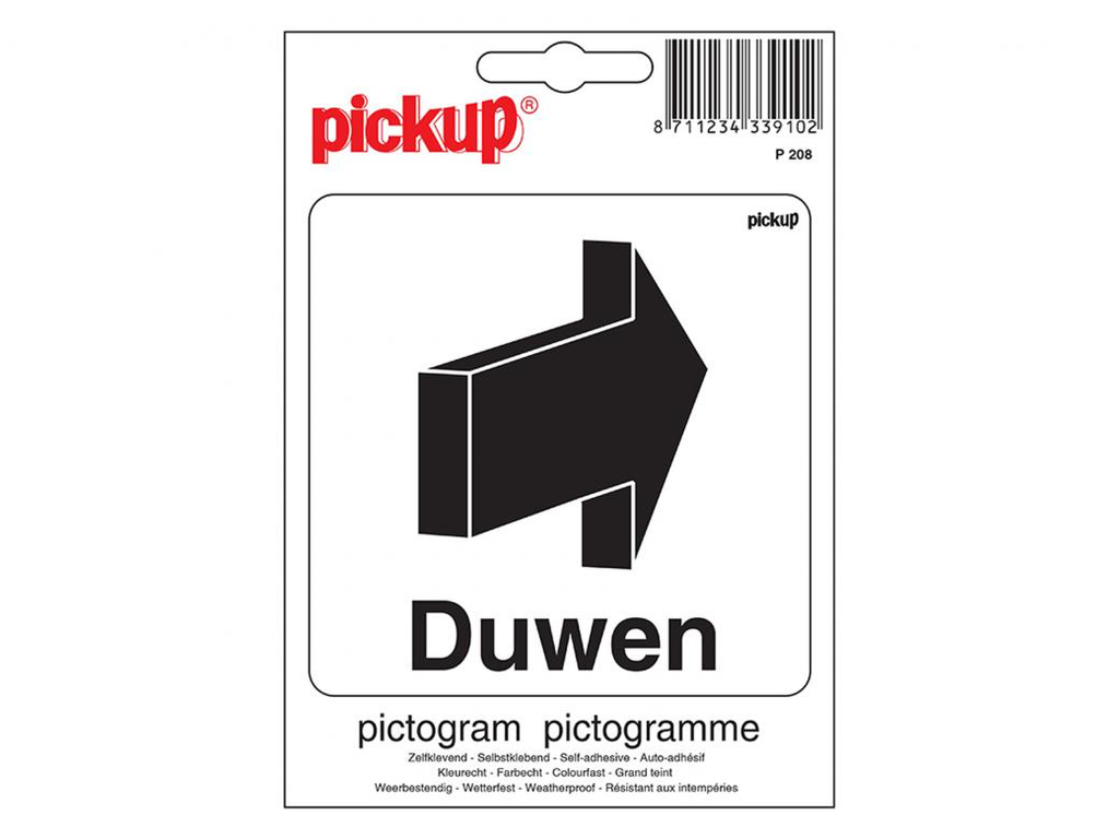 STICKER DUWEN (TEKST MET PIJL) 100X100 MM REF:P208