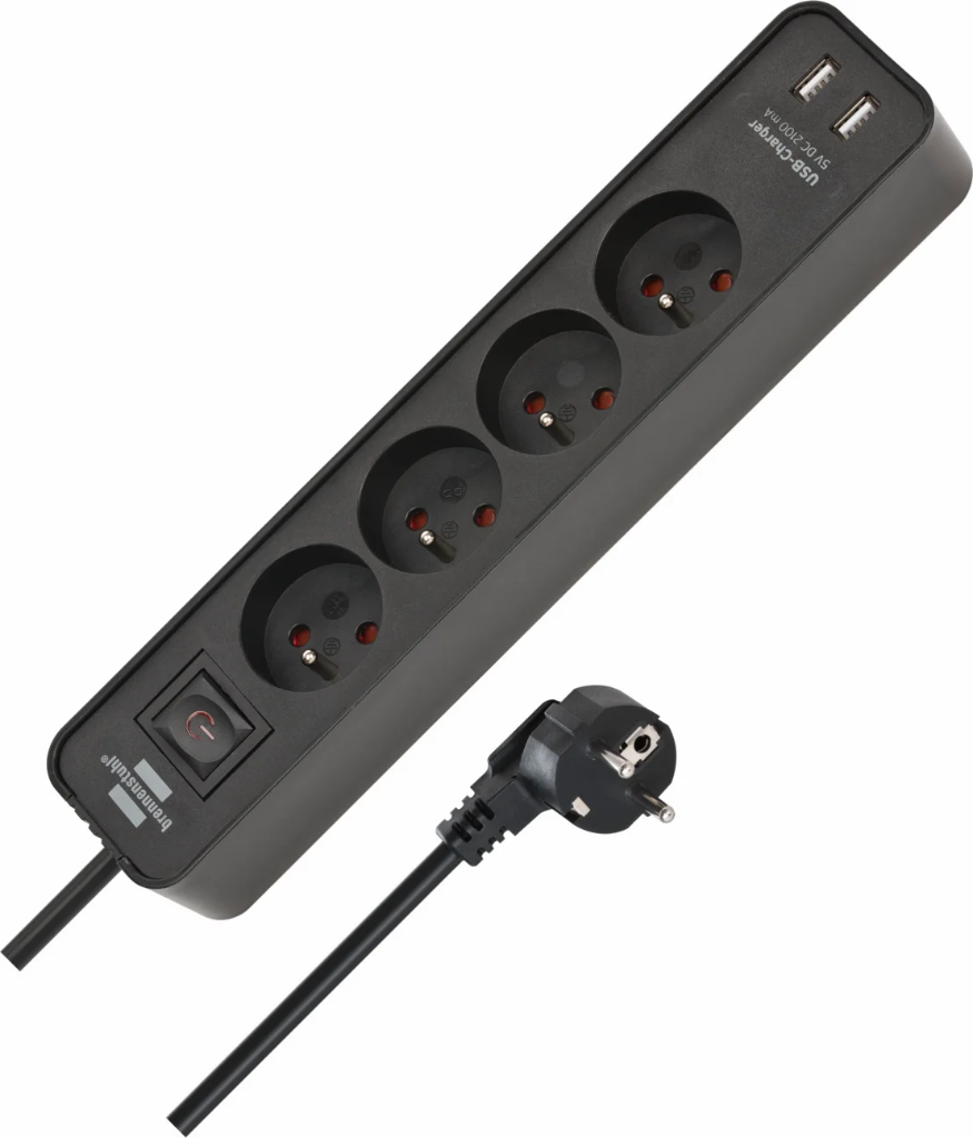 ECOLOR STEKKERDOOS MET USB 4-VOUDIG 1,5M H05VV-F3G1,5 ZWART FR REF:1153244006 BRENNENSTUHL