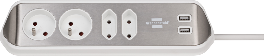 HOEKAANSLUITDOOSSTROOK MET USB LAADFUNCTIE 4-WEG 2X EURO ZILVER/WIT BE REF:1153594420