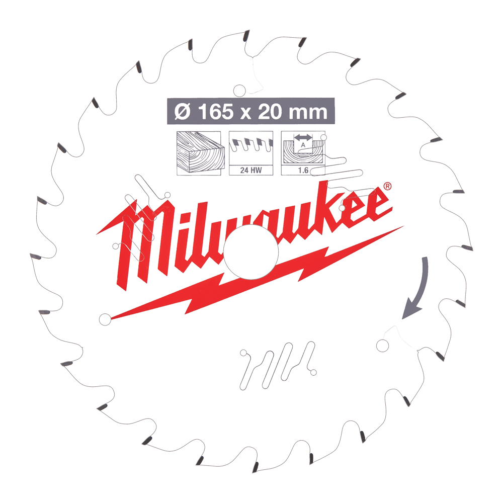 CIRKELZAAGBLAD HOUT 165 X 20 X 1.6 THIN KERF ATB 24T +15° REF: 4932471931 MILWAUKEE