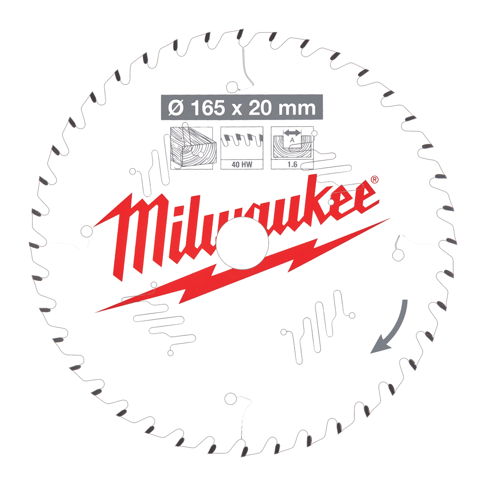CIRKELZAAGBLAD HOUT 165 X 20 X 1.6 THIN KERF ATB 40T +18° REF: 4932471932 MILWAUKEE