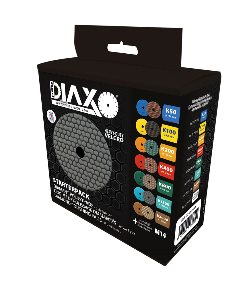 8-DELIGE DIAMANTPADS SET DRY / #50 À #3000 DIAM. 125MM + STEUNSCHIJF REF:DX 751908 PRODIAXO