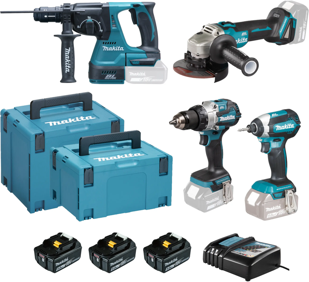 18V LXT 4-DELIG(DHP489Z + DTD153Z + DGA506Z + DHR243Z + 3X BL1850B + DC18RC)REF:DLX4183T3J MAKITA