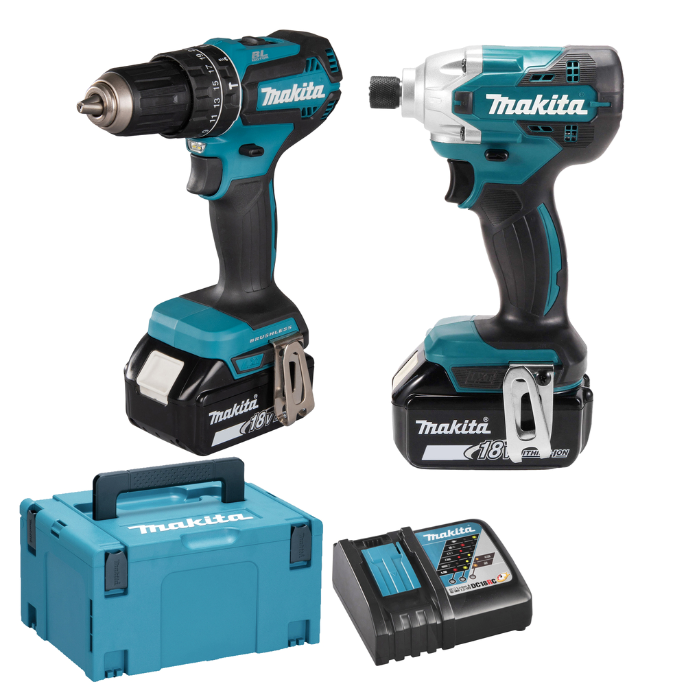 COMBO 18V SLAGSCHROEVENDRAAIER+KLOPBOOR-/SCHROEFMACHINE +2XACCU+LADER+MAKPAC REF:DLX2394J MAKITA