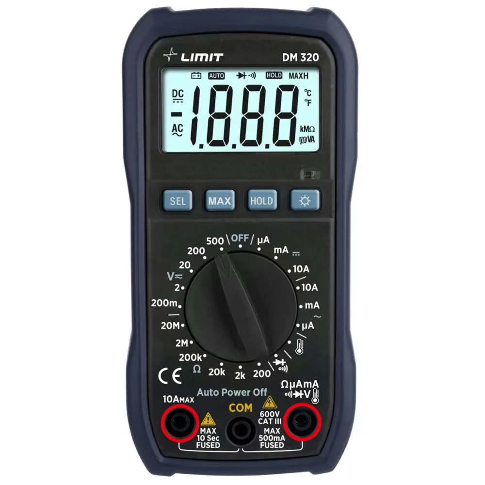 DIGITALE MULTIMETER HANDPALMFORMAAT DM320 CAT III 600V REF: 289550006 LIMIT